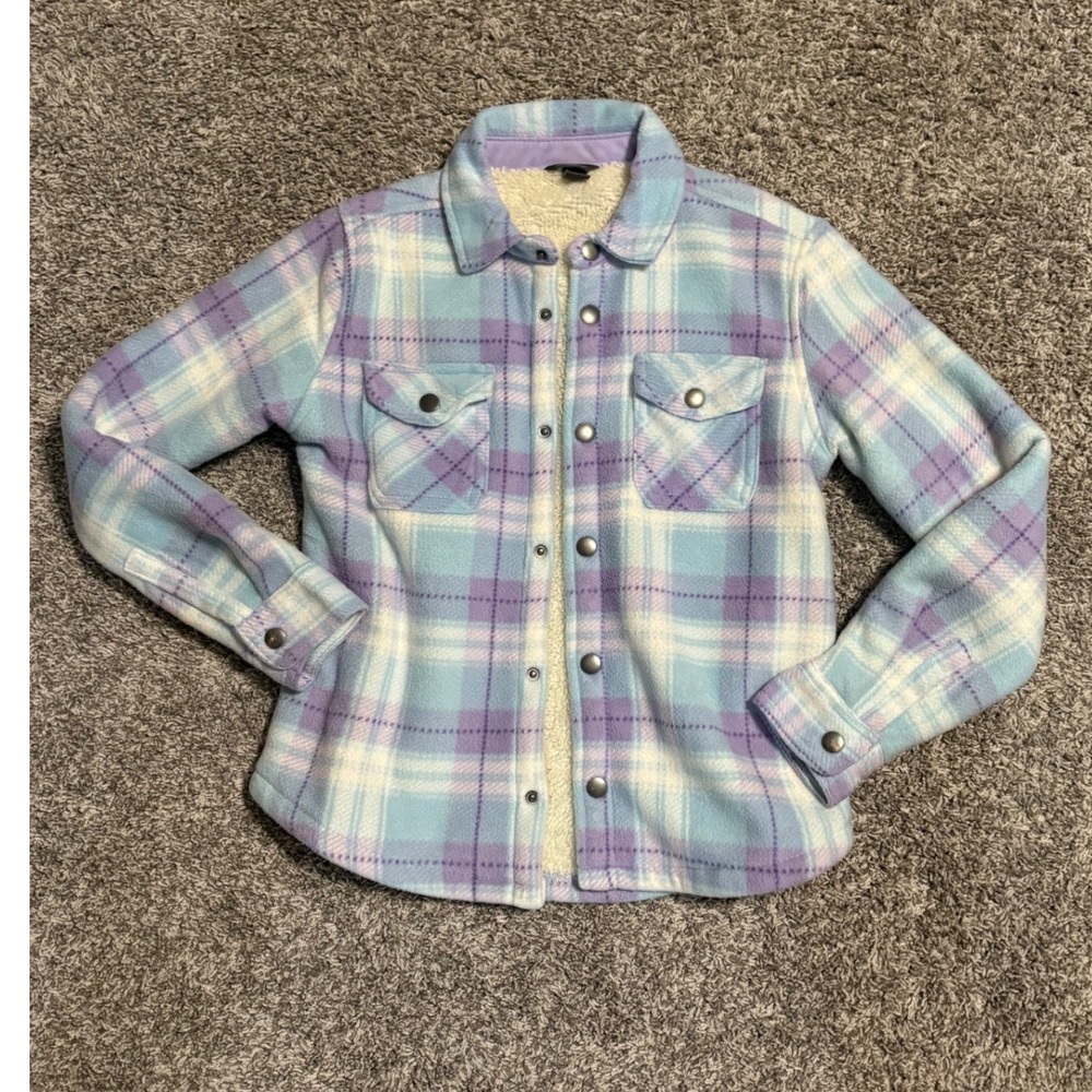 Eddie Bauer Kids Blue Purple Plaid Sherpa Lined Fleece Shirt Jacket Size 10/12
